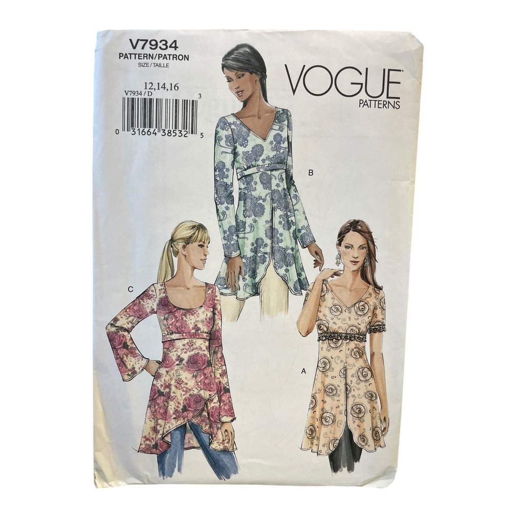Vogue Sewing Pattern Misses 12 14 16 Tunic Blouse Top Peplum V7934